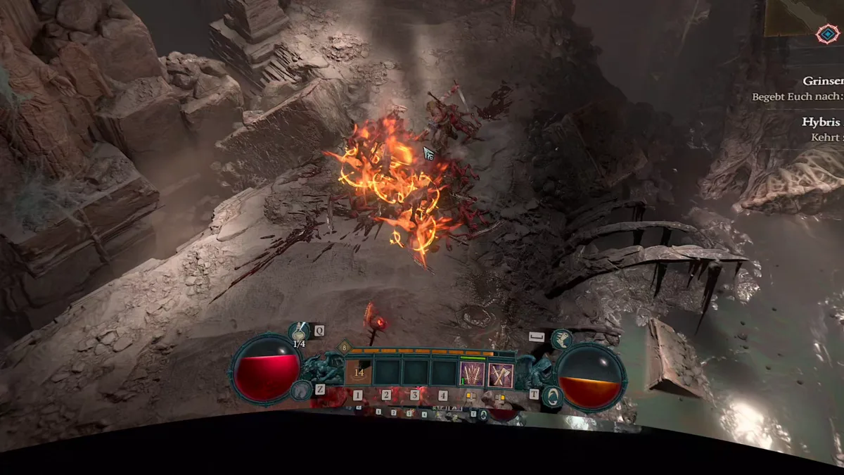 Kampf in Diablo 4 auf der gekrümmten Leinwand der Meta Quest 3 mit sichtbarer Wölbung