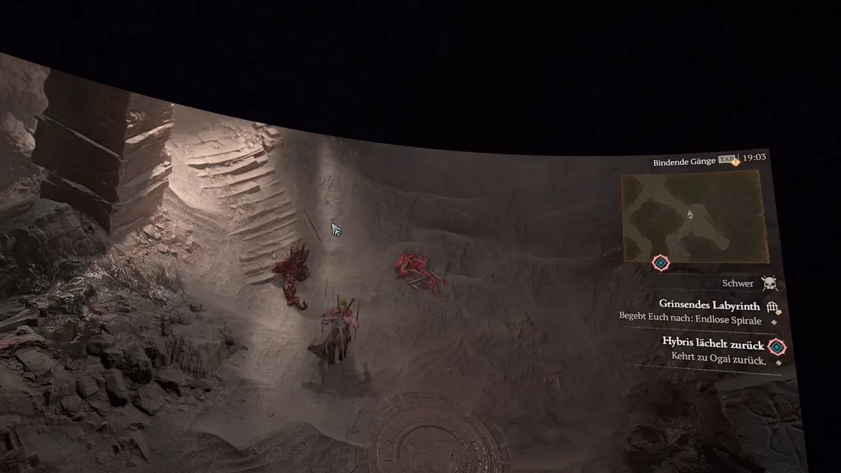 Die gekrümmte Leinwand mit Diablo 4 schwebt in der Meta Quest 3 frei im dunklen Raum