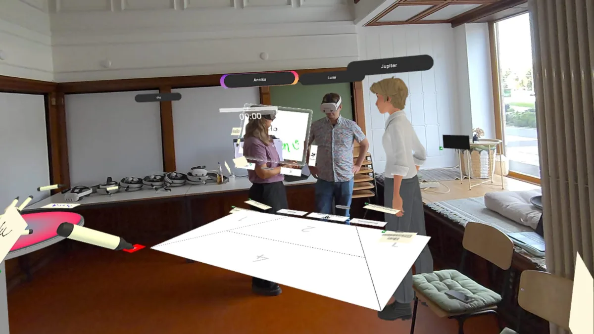 Matrix mit 4 Feldern auf dem Boden, Tisch mit virtuellen Stiften und Whiteboard mit Timer in HYBEAM