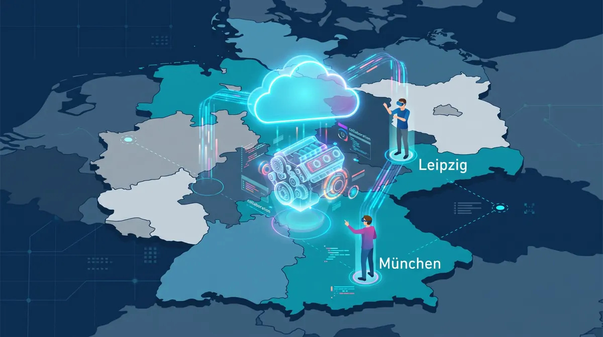 Illustration: Zwei Teilnehmer mit VR-Brillen an den Standorten Leipzig und München arbeiten über eine Cloud-Verbindung gemeinsam an einem 3D-Modell