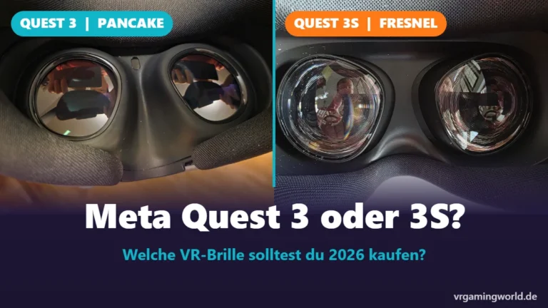 Vergleich der Linsen: links die Pancake-Linsen der Meta Quest 3, rechts die Fresnel-Linsen der Meta Quest 3S, darunter der Titel Meta Quest 3 oder 3S?