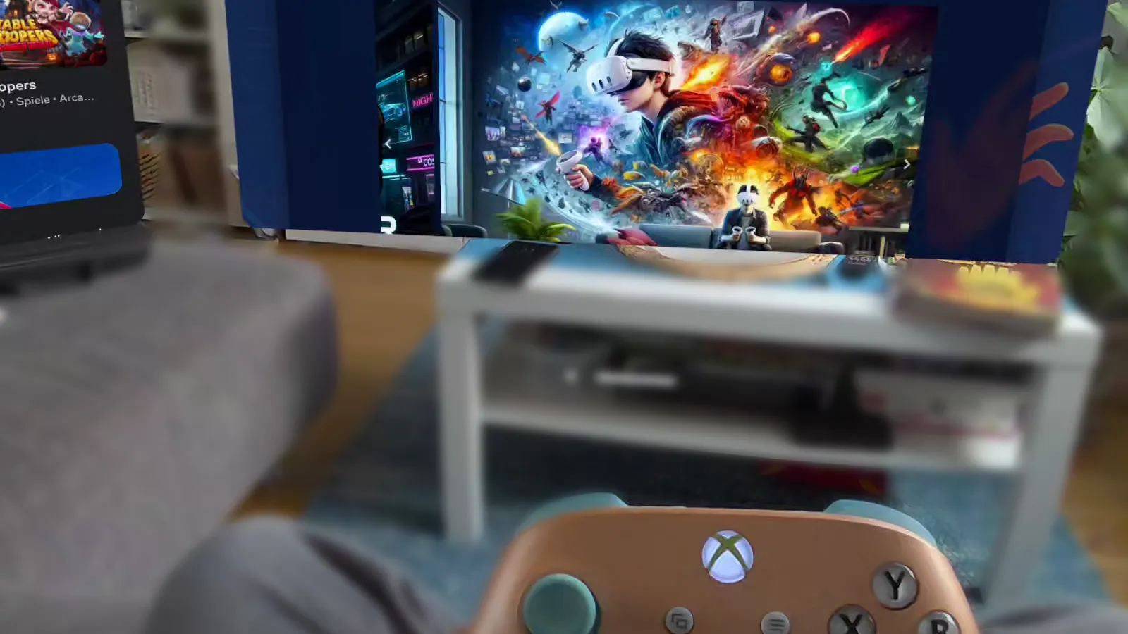 Xbox-Controller in der Hand, dahinter das große virtuelle Fenster der Meta Quest 3 im Wohnzimmer