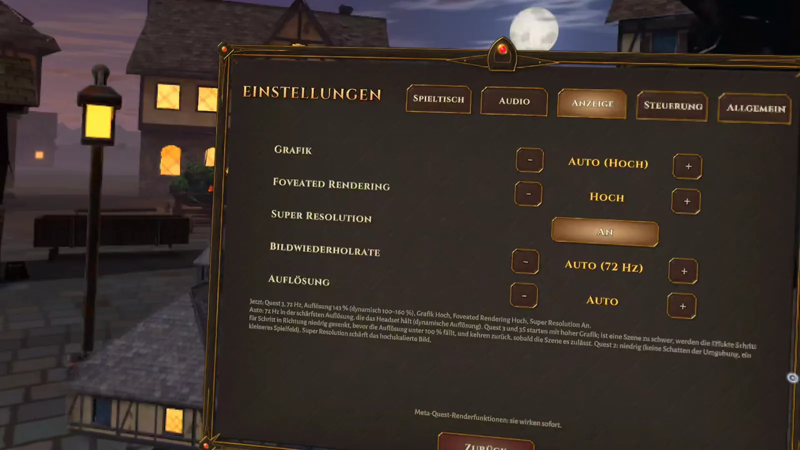 Twilight Hour Anzeige-Einstellungen auf der Quest 3: 72 Hz, dynamische Auflösung, Foveated Rendering Hoch