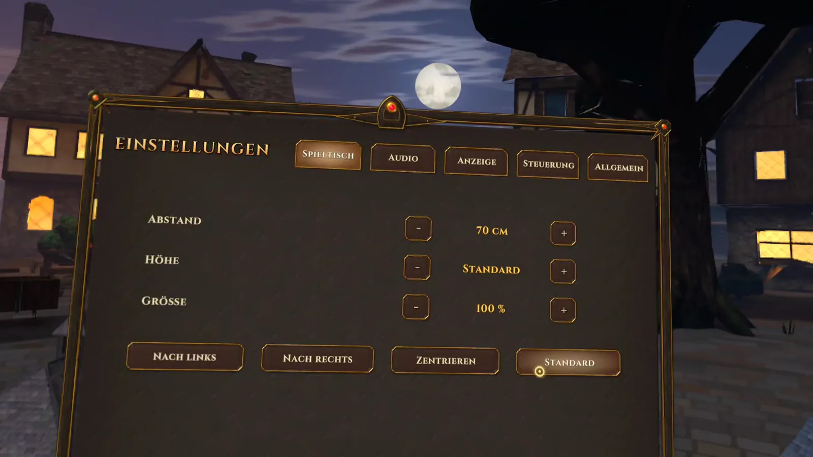 Twilight Hour Einstellungen Spieltisch mit Abstand, Höhe, Größe und den Buttons Nach links und Nach rechts
