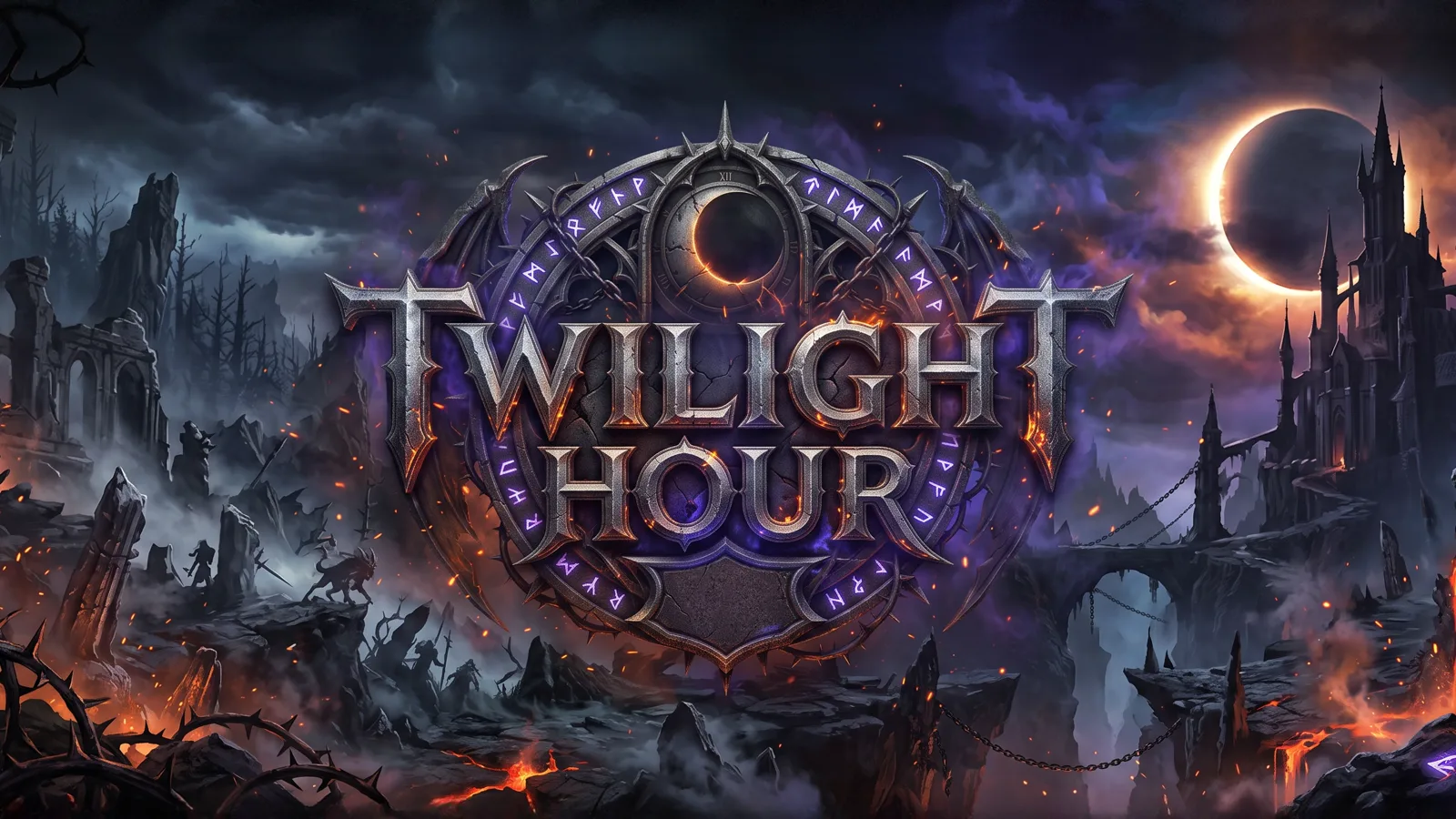 Twilight Hour Key Art: Logo über einem brennenden Dark-Fantasy-Königreich (Pressebild)