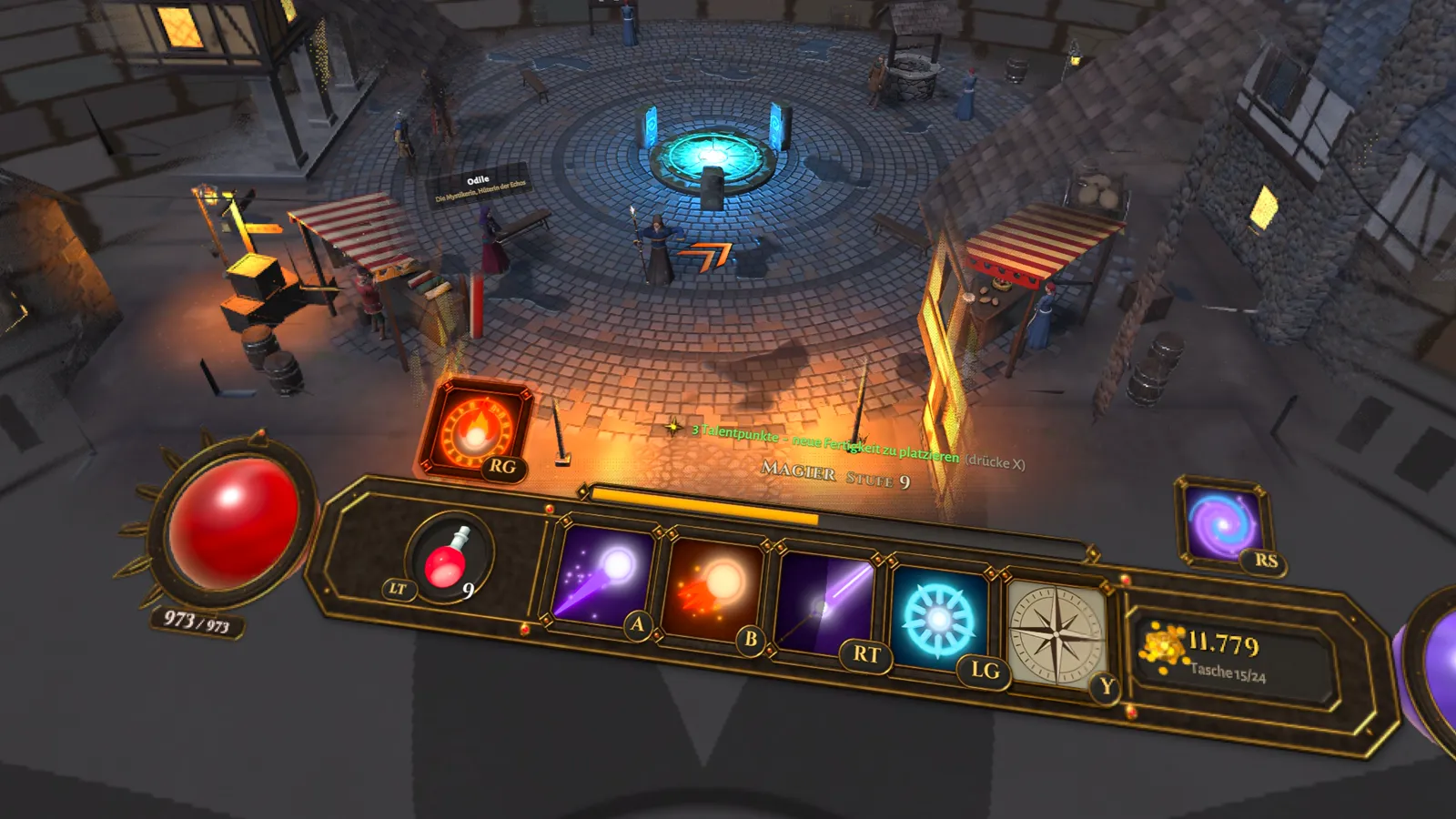 Twilight Hour: Fertigkeitenleiste des Magiers auf Stufe 9 mit 973 Lebenspunkten auf der Meta Quest 3