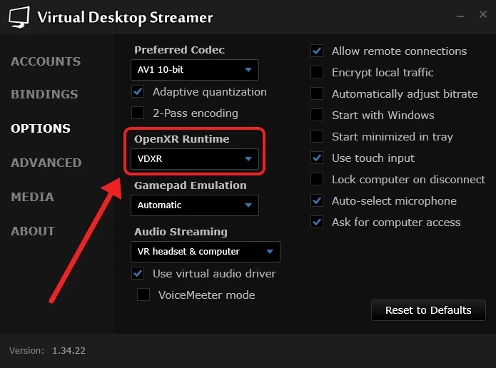 Virtual Desktop Streamer am PC, Reiter Options: OpenXR Runtime auf VDXR gestellt, rot markiert